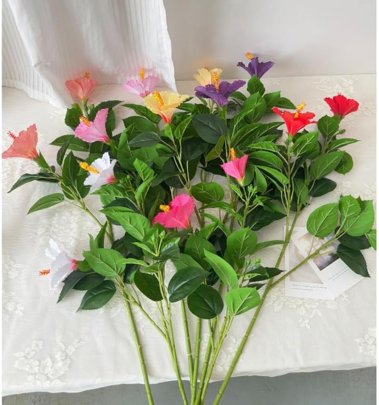 2Pcs Silk Fake Hibiscus Flowers Artificial Tropical with Long Stem