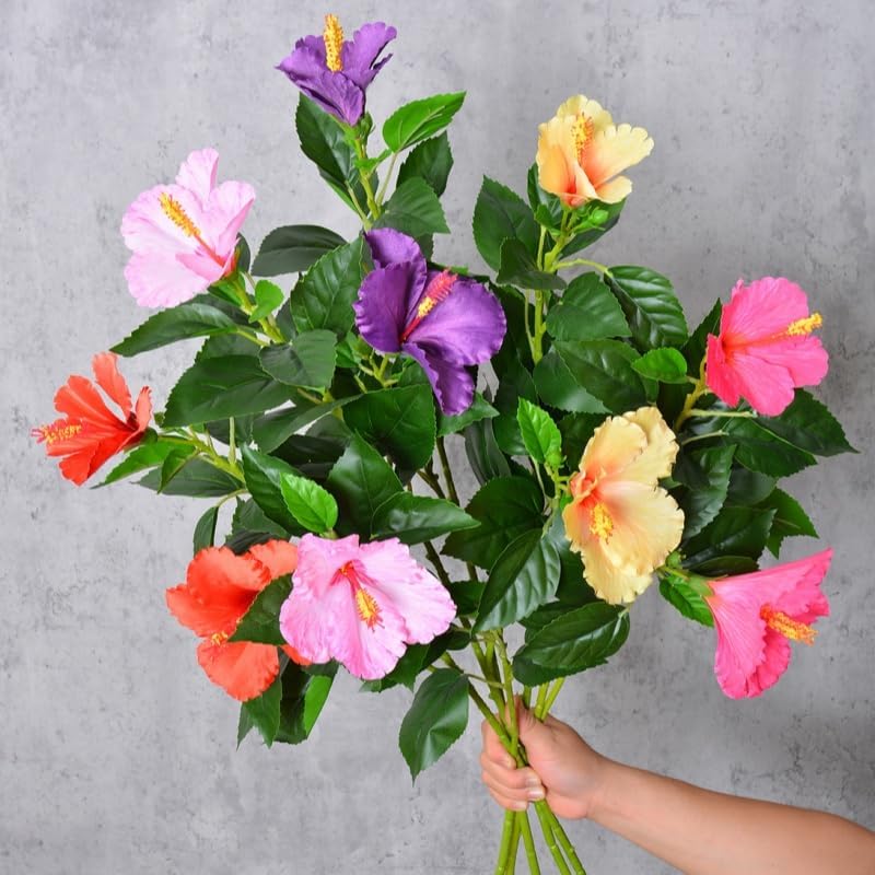 2Pcs Silk Fake Hibiscus Flowers Artificial Tropical with Long Stem