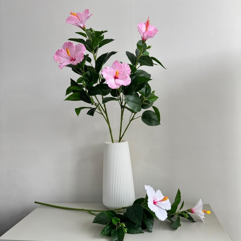 2Pcs Silk Fake Hibiscus Flowers Artificial Tropical with Long Stem