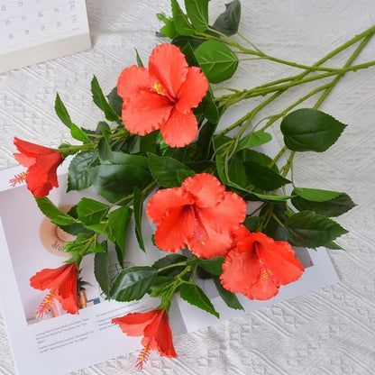 2Pcs Silk Fake Hibiscus Flowers Artificial Tropical with Long Stem