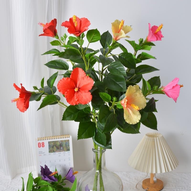 2Pcs Silk Fake Hibiscus Flowers Artificial Tropical with Long Stem