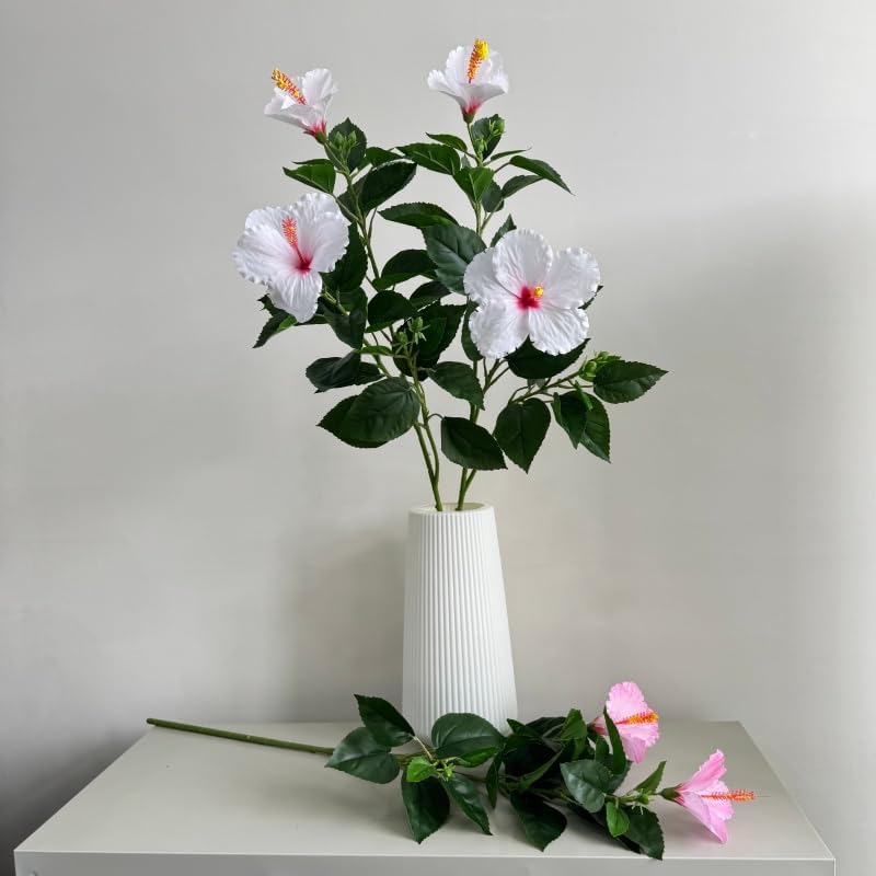 2Pcs Silk Fake Hibiscus Flowers Artificial Tropical with Long Stem