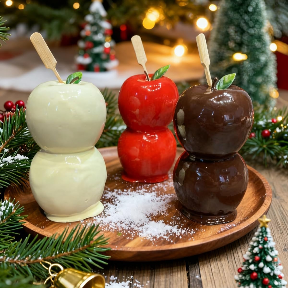 Decorative Candy Apple Props, Realistic White, Red and Brown Chocolate Dipped Apples, Christmas Holiday Theme Kitchen Decor with Wooden Sticks (red)
