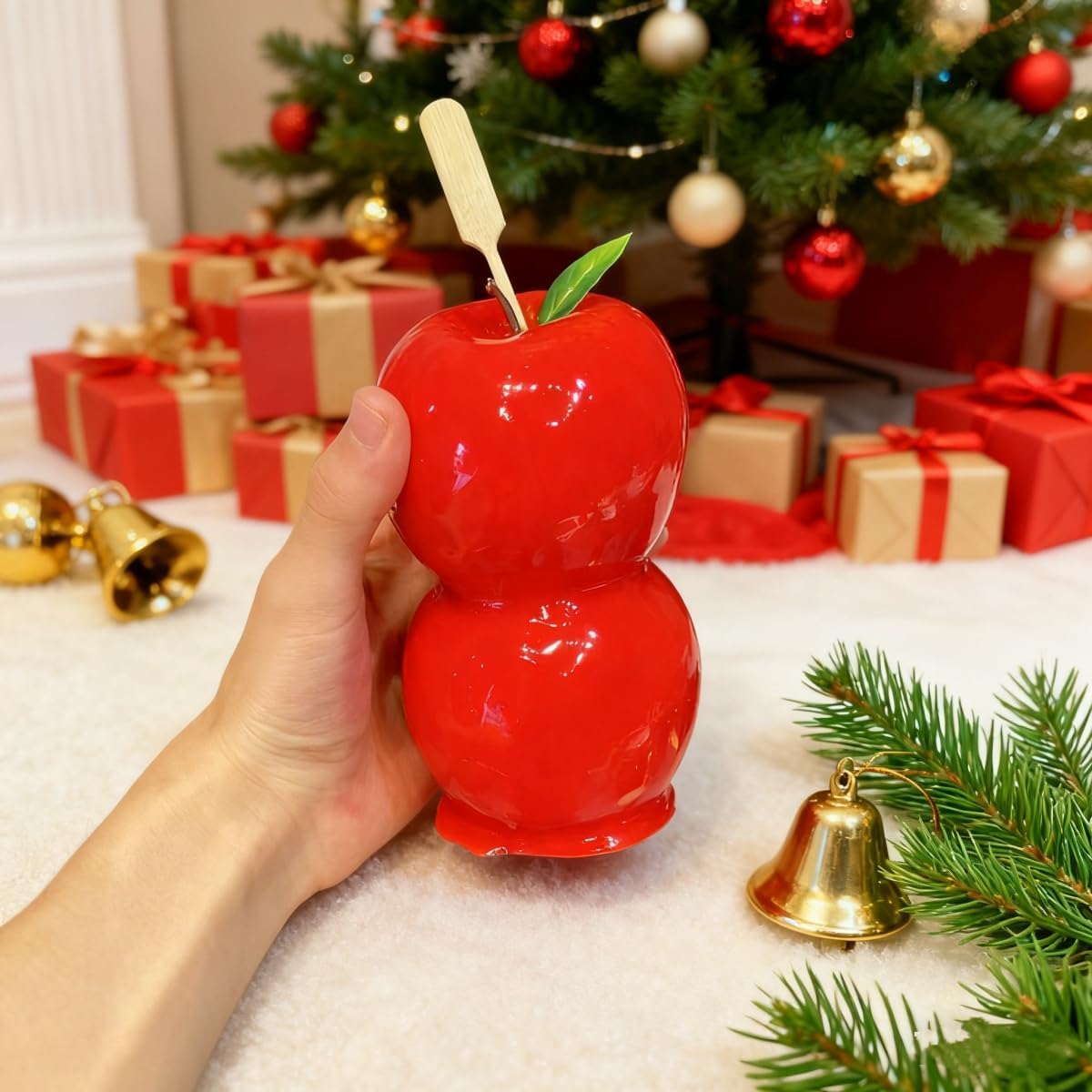 Decorative Candy Apple Props, Realistic White, Red and Brown Chocolate Dipped Apples, Christmas Holiday Theme Kitchen Decor with Wooden Sticks (red)