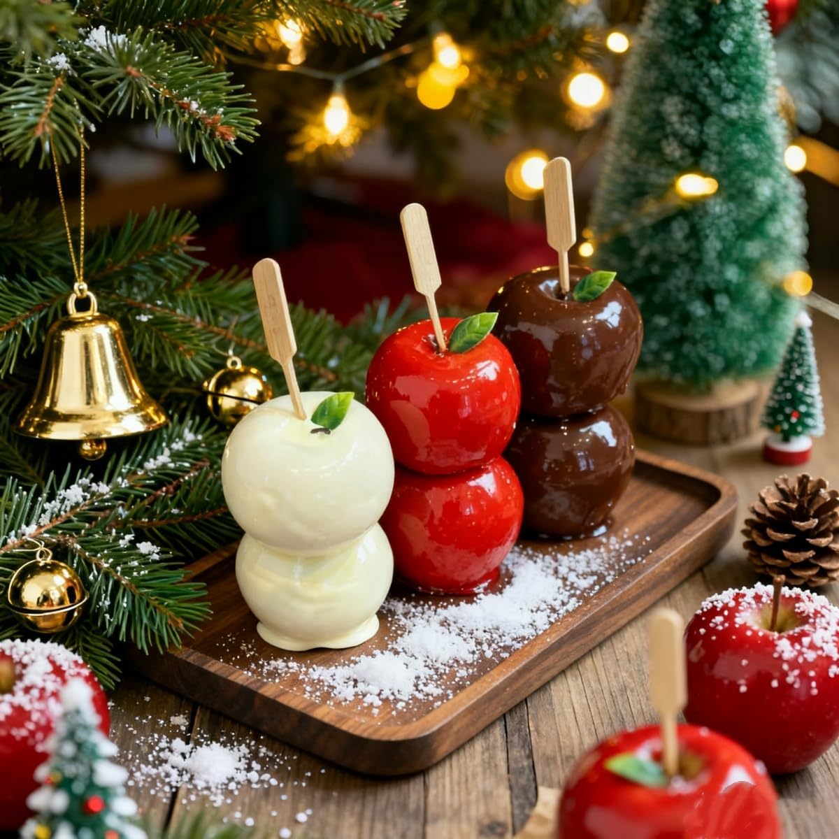 Decorative Candy Apple Props, Realistic White, Red and Brown Chocolate Dipped Apples, Christmas Holiday Theme Kitchen Decor with Wooden Sticks (red)