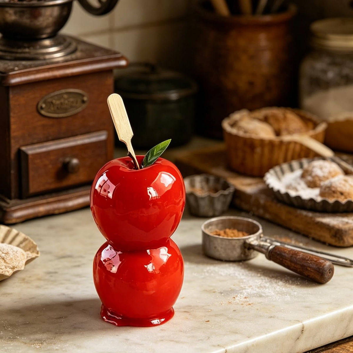 Decorative Candy Apple Props, Realistic White, Red and Brown Chocolate Dipped Apples, Christmas Holiday Theme Kitchen Decor with Wooden Sticks (red)
