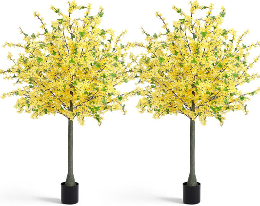 Thiccywoov 2 Pack 4FT Yellow Artificial Forsythia Tree, Faux Spring Forsythia Flower Branches Plant with Pot, Lifelike Fake Tree for Living Room Corner, Entryway, Porch Indoor Outdoor Decor