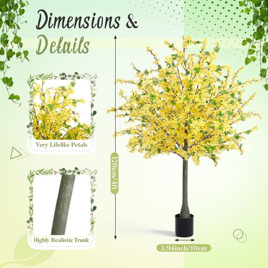 Thiccywoov 2 Pack 4FT Yellow Artificial Forsythia Tree, Faux Spring Forsythia Flower Branches Plant with Pot, Lifelike Fake Tree for Living Room Corner, Entryway, Porch Indoor Outdoor Decor