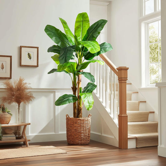Artificial Banana Tree 7.2ft, Faux Tropical Palm Tree Plant with Realistic Leaves, Low Maintenance Indoor Outdoor Decor for Home Office Porch, in Nursery Pot
