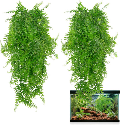 2PCS Fake Hanging Plants - Artificial Reptile Habitat Vines | UV Resistant Artificial Boston Ferns for Bearded, Dragon, Snake. Geckos, Hermit Crab, Lizard, Chameleon, 31.5 Inch
