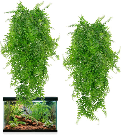 2PCS Fake Hanging Plants - Artificial Reptile Habitat Vines | UV Resistant Artificial Boston Ferns for Bearded, Dragon, Snake. Geckos, Hermit Crab, Lizard, Chameleon, 31.5 Inch