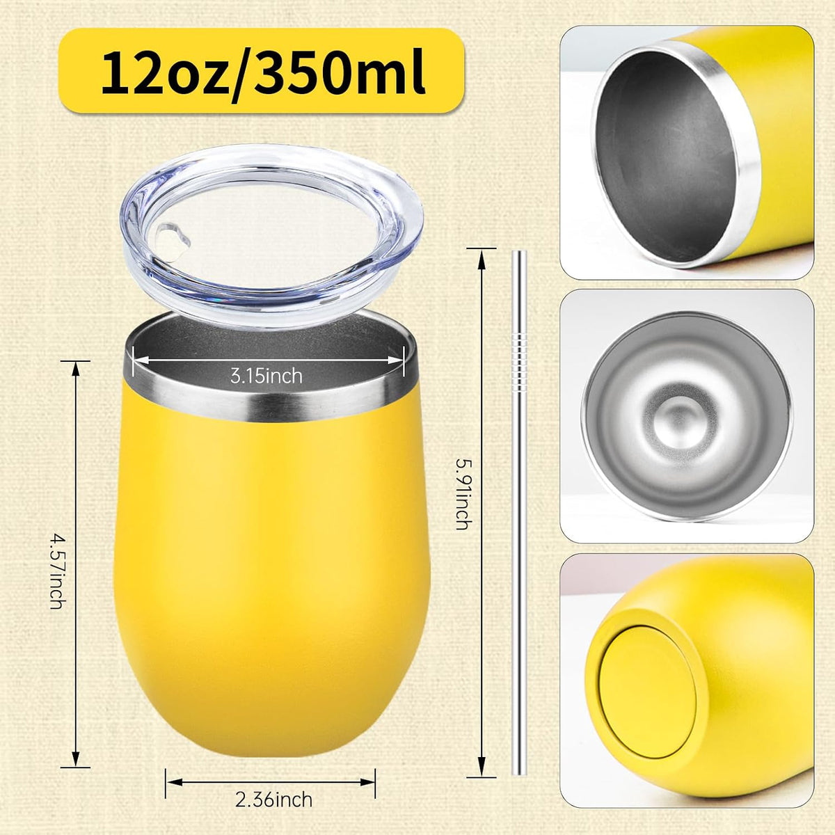 12oz/1Pack Stainless Steel Wine Tumbler with Lids, Double Wall Vacuum Stainless Steel Travel Tumbler,Insulated Wine GlassesTravel Tumbler for Cold & Hot Drinks,Cup for Champaign Coffee (Lemon yellow)