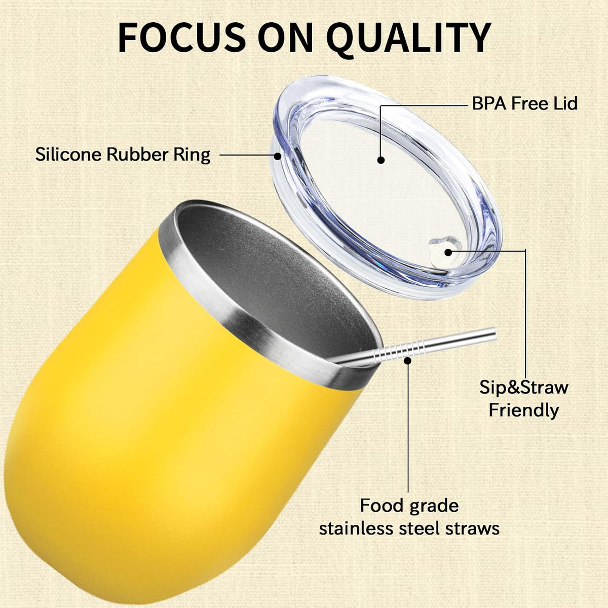 12oz/1Pack Stainless Steel Wine Tumbler with Lids, Double Wall Vacuum Stainless Steel Travel Tumbler,Insulated Wine GlassesTravel Tumbler for Cold & Hot Drinks,Cup for Champaign Coffee (Lemon yellow)