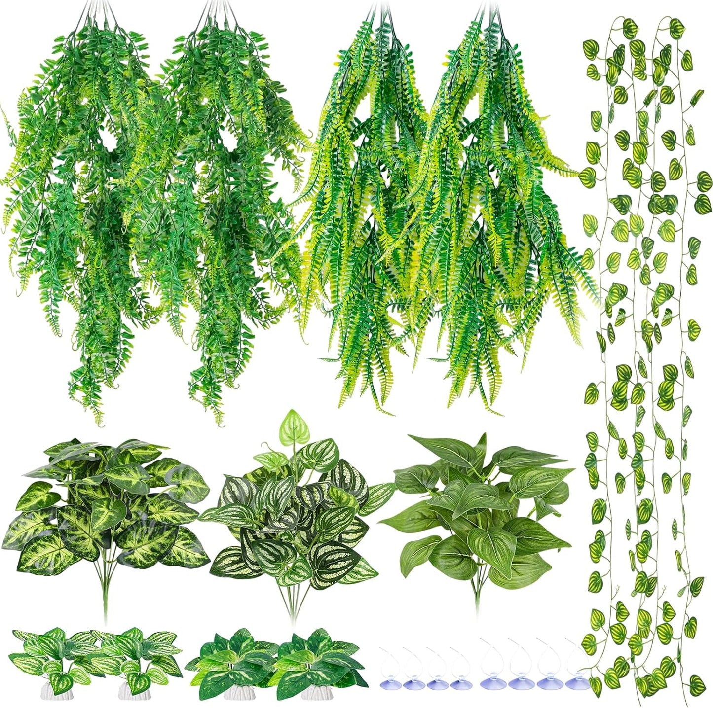 CousDUoBe 13Pcs Reptile Plants for Bearded Dragon Tank Accessories | Terrarium Plant Artificial Decor for Snake Cage Bearded Dragons Lizard Gecko Snake Hermit Crab Tank Decor(Lush Series)