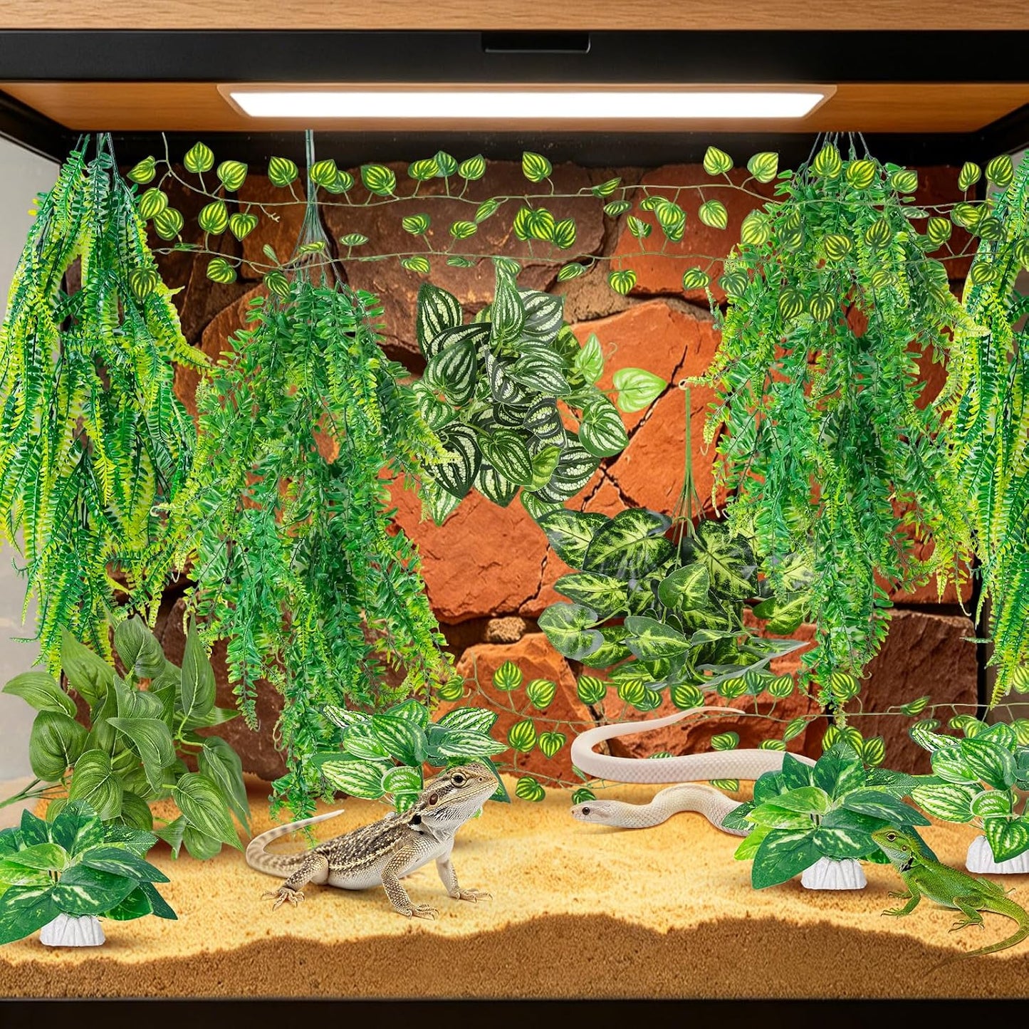 CousDUoBe 13Pcs Reptile Plants for Bearded Dragon Tank Accessories | Terrarium Plant Artificial Decor for Snake Cage Bearded Dragons Lizard Gecko Snake Hermit Crab Tank Decor(Lush Series)