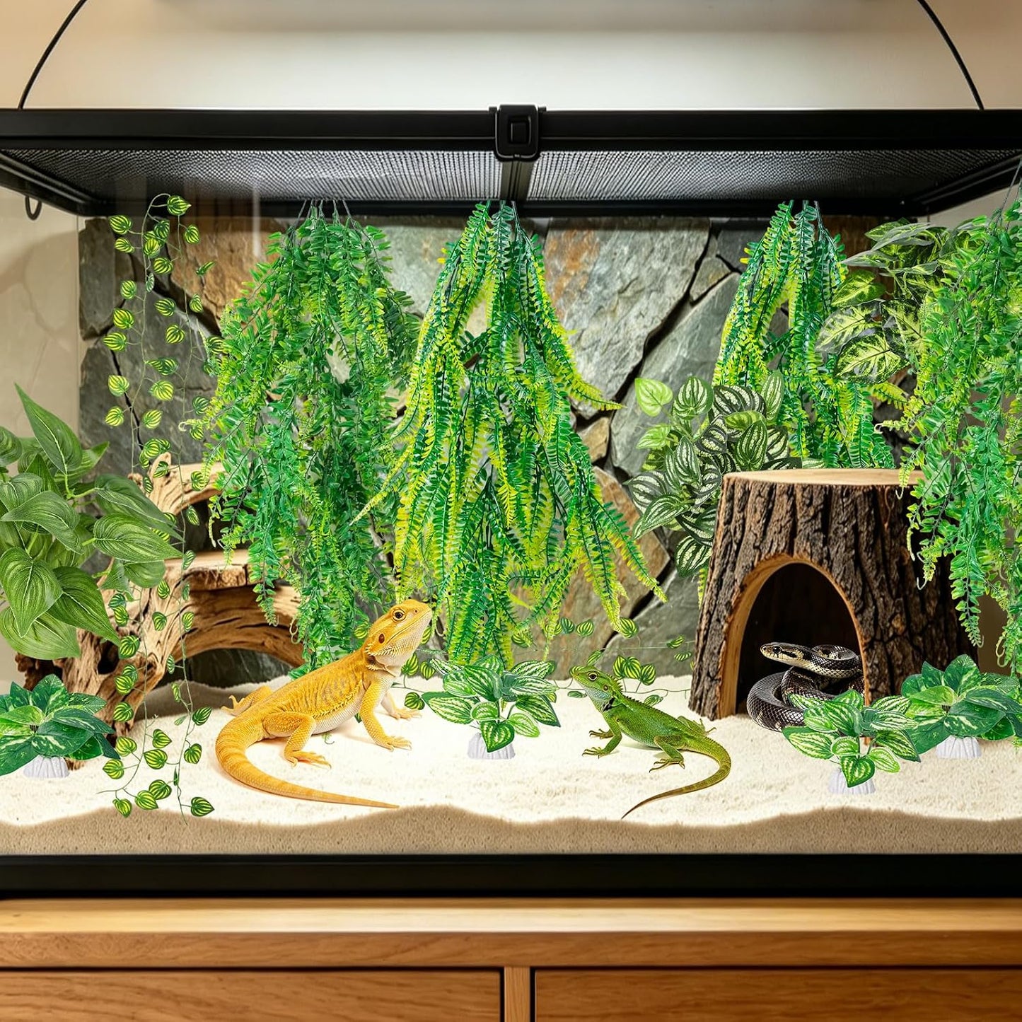 CousDUoBe 13Pcs Reptile Plants for Bearded Dragon Tank Accessories | Terrarium Plant Artificial Decor for Snake Cage Bearded Dragons Lizard Gecko Snake Hermit Crab Tank Decor(Lush Series)