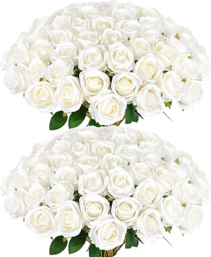 Rowfad 60 Pcs Artificial Roses Bulk, Fake Velvet Silk Flowers, White