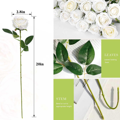 Rowfad 60 Pcs Artificial Roses Bulk, Fake Velvet Silk Flowers, White