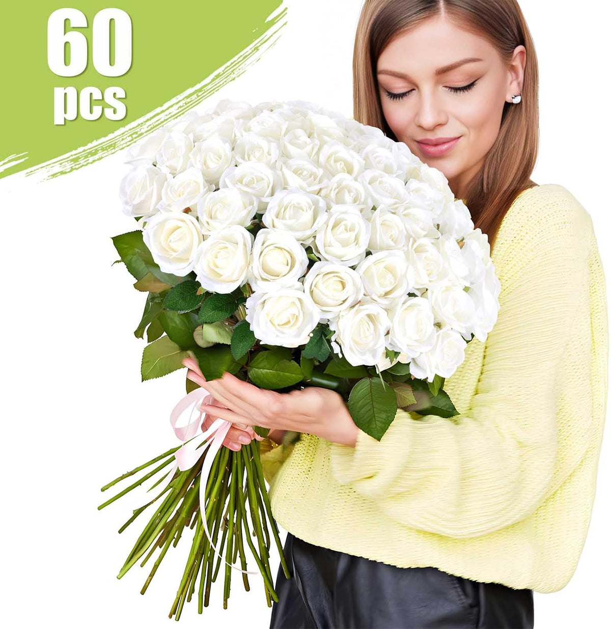Rowfad 60 Pcs Artificial Roses Bulk, Fake Velvet Silk Flowers, White