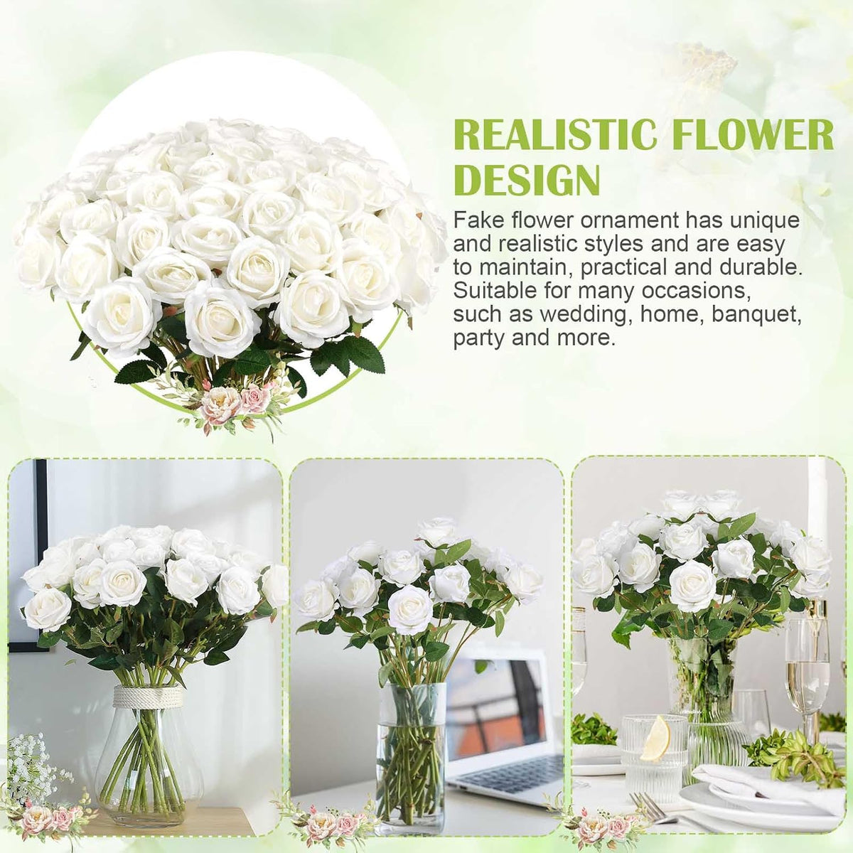 Rowfad 60 Pcs Artificial Roses Bulk, Fake Velvet Silk Flowers, White