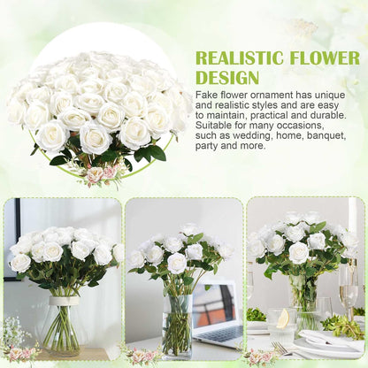 Rowfad 60 Pcs Artificial Roses Bulk, Fake Velvet Silk Flowers, White