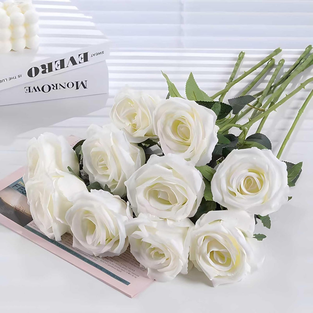 Rowfad 60 Pcs Artificial Roses Bulk, Fake Velvet Silk Flowers, White