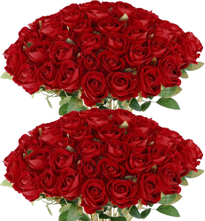 Rowfad 60 Pcs Artificial Roses Bulk, Fake Velvet Silk Flowers, White
