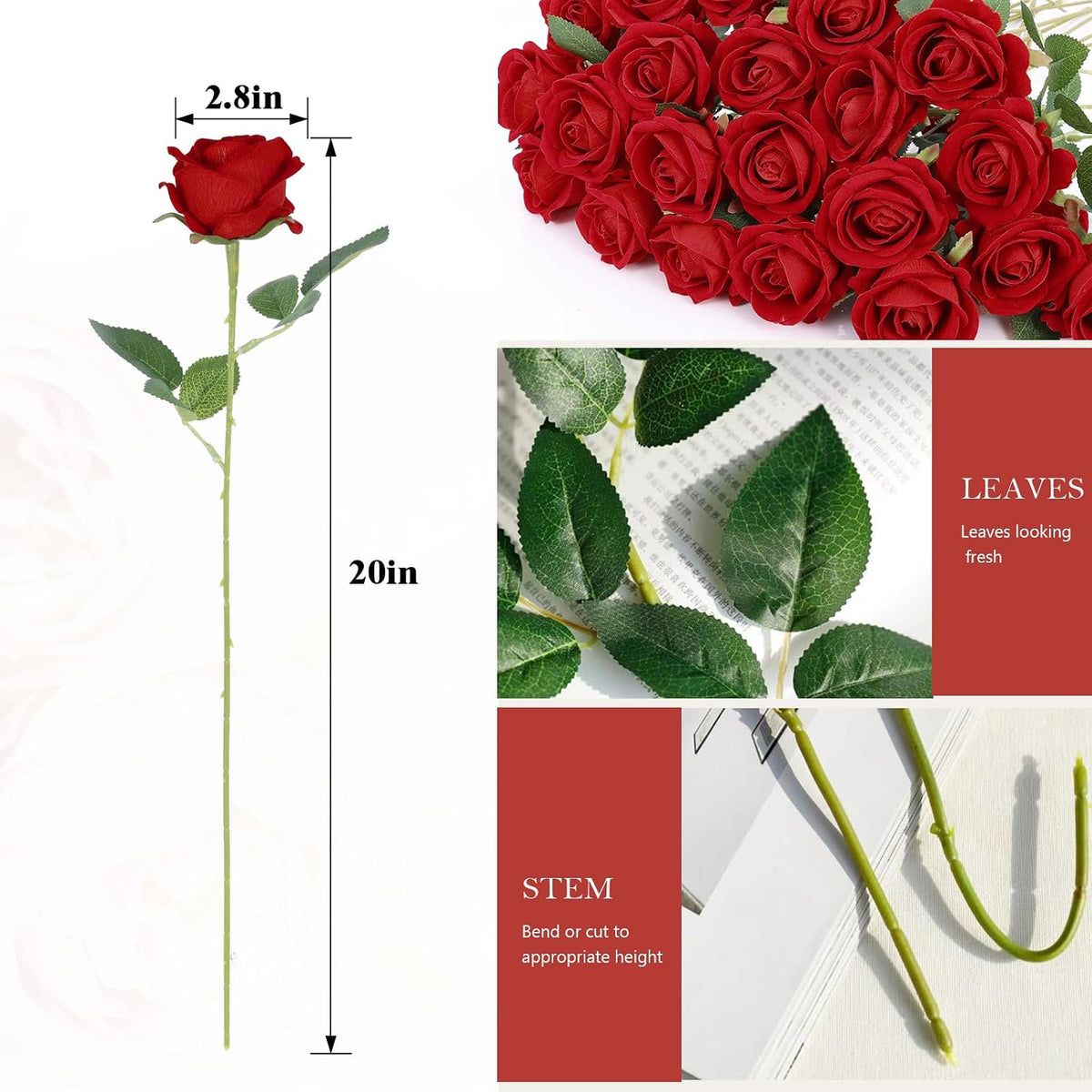 Rowfad 60 Pcs Artificial Roses Bulk, Fake Velvet Silk Flowers, White