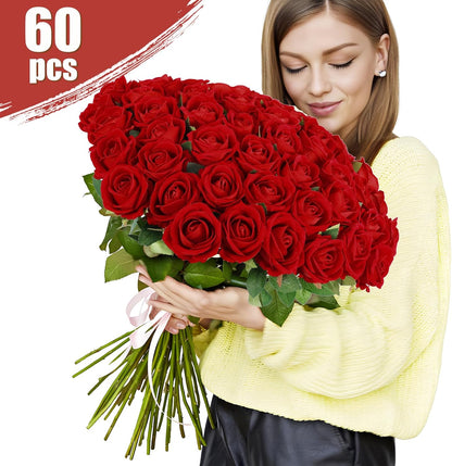 Rowfad 60 Pcs Artificial Roses Bulk, Fake Velvet Silk Flowers, White