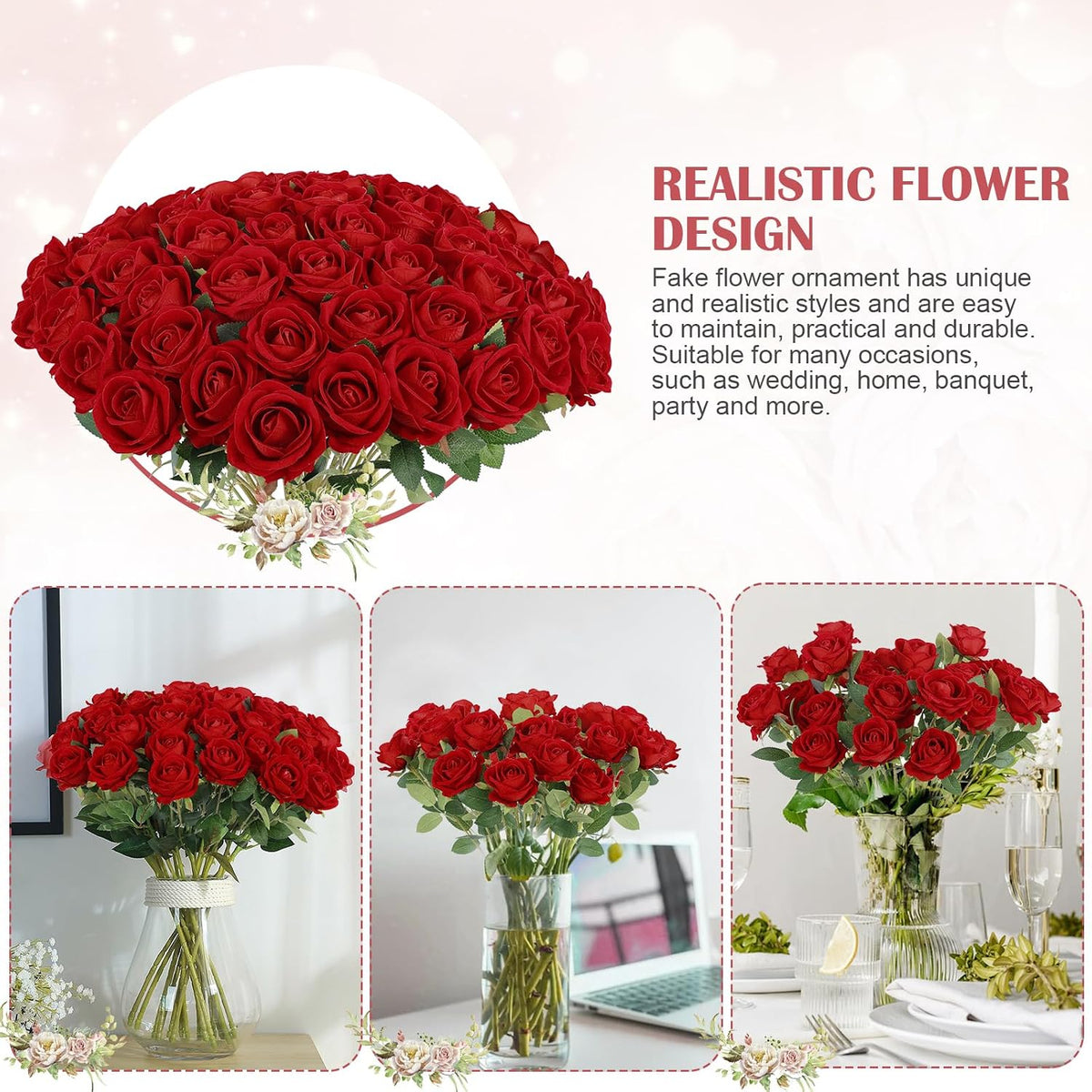 Rowfad 60 Pcs Artificial Roses Bulk, Fake Velvet Silk Flowers, White