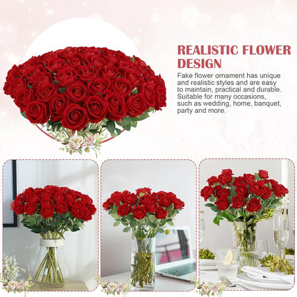 Rowfad 60 Pcs Artificial Roses Bulk, Fake Velvet Silk Flowers, White
