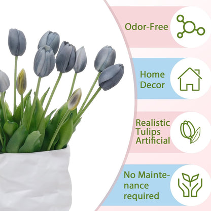 15 Pcs White Artificial Tulips Fake Flowers, Premium Latex Lifelike Texture, UV Resistant Waterproof Faux Tulip Bouquets with Snap-on Petals for Outdoor, Home, Wedding Decor
