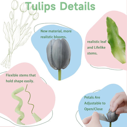 15 Pcs White Artificial Tulips Fake Flowers, Premium Latex Lifelike Texture, UV Resistant Waterproof Faux Tulip Bouquets with Snap-on Petals for Outdoor, Home, Wedding Decor