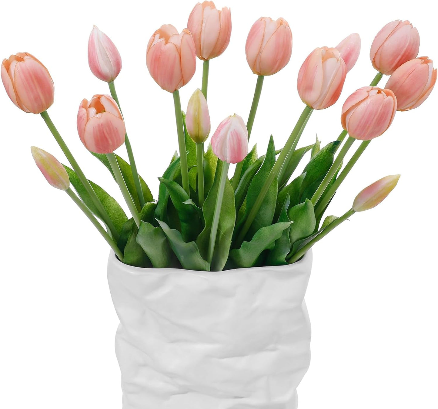 15 Pcs White Artificial Tulips Fake Flowers, Premium Latex Lifelike Texture, UV Resistant Waterproof Faux Tulip Bouquets with Snap-on Petals for Outdoor, Home, Wedding Decor