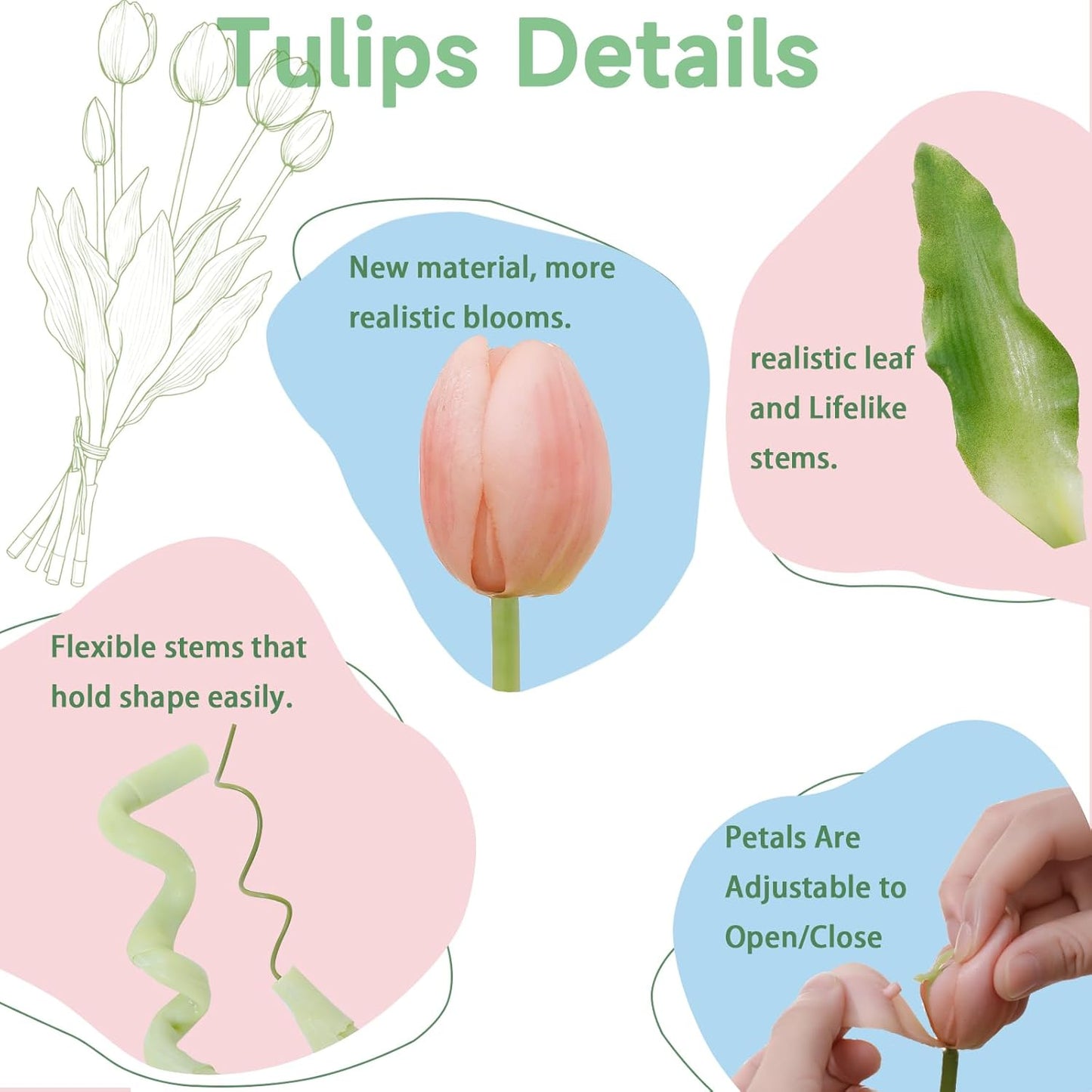 15 Pcs White Artificial Tulips Fake Flowers, Premium Latex Lifelike Texture, UV Resistant Waterproof Faux Tulip Bouquets with Snap-on Petals for Outdoor, Home, Wedding Decor