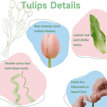 15 Pcs White Artificial Tulips Fake Flowers, Premium Latex Lifelike Texture, UV Resistant Waterproof Faux Tulip Bouquets with Snap-on Petals for Outdoor, Home, Wedding Decor