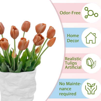 15 Pcs White Artificial Tulips Fake Flowers, Premium Latex Lifelike Texture, UV Resistant Waterproof Faux Tulip Bouquets with Snap-on Petals for Outdoor, Home, Wedding Decor