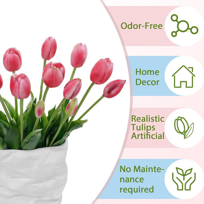15 Pcs White Artificial Tulips Fake Flowers, Premium Latex Lifelike Texture, UV Resistant Waterproof Faux Tulip Bouquets with Snap-on Petals for Outdoor, Home, Wedding Decor