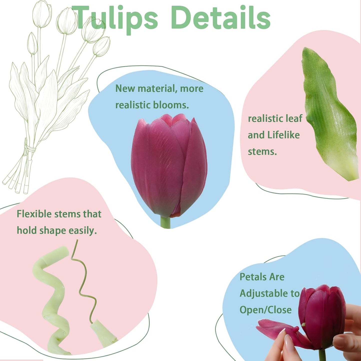 15 Pcs White Artificial Tulips Fake Flowers, Premium Latex Lifelike Texture, UV Resistant Waterproof Faux Tulip Bouquets with Snap-on Petals for Outdoor, Home, Wedding Decor