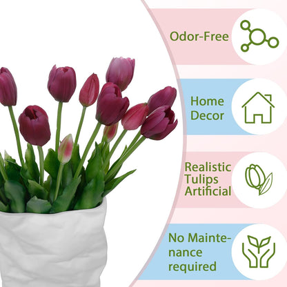 15 Pcs White Artificial Tulips Fake Flowers, Premium Latex Lifelike Texture, UV Resistant Waterproof Faux Tulip Bouquets with Snap-on Petals for Outdoor, Home, Wedding Decor