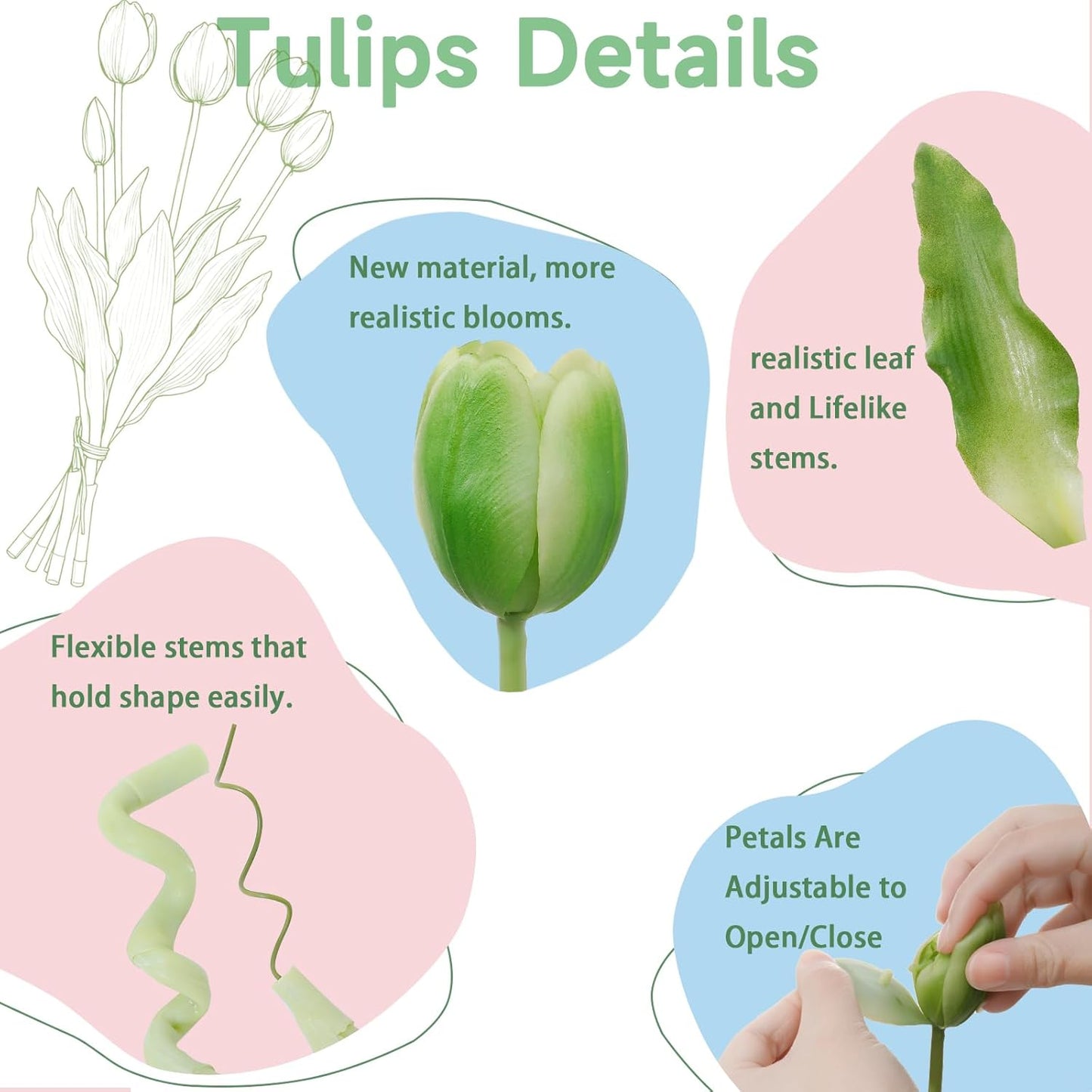 15 Pcs White Artificial Tulips Fake Flowers, Premium Latex Lifelike Texture, UV Resistant Waterproof Faux Tulip Bouquets with Snap-on Petals for Outdoor, Home, Wedding Decor
