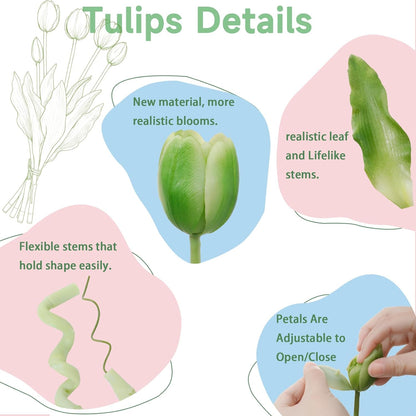 15 Pcs White Artificial Tulips Fake Flowers, Premium Latex Lifelike Texture, UV Resistant Waterproof Faux Tulip Bouquets with Snap-on Petals for Outdoor, Home, Wedding Decor