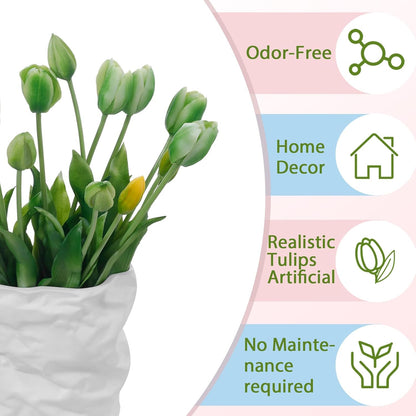 15 Pcs White Artificial Tulips Fake Flowers, Premium Latex Lifelike Texture, UV Resistant Waterproof Faux Tulip Bouquets with Snap-on Petals for Outdoor, Home, Wedding Decor