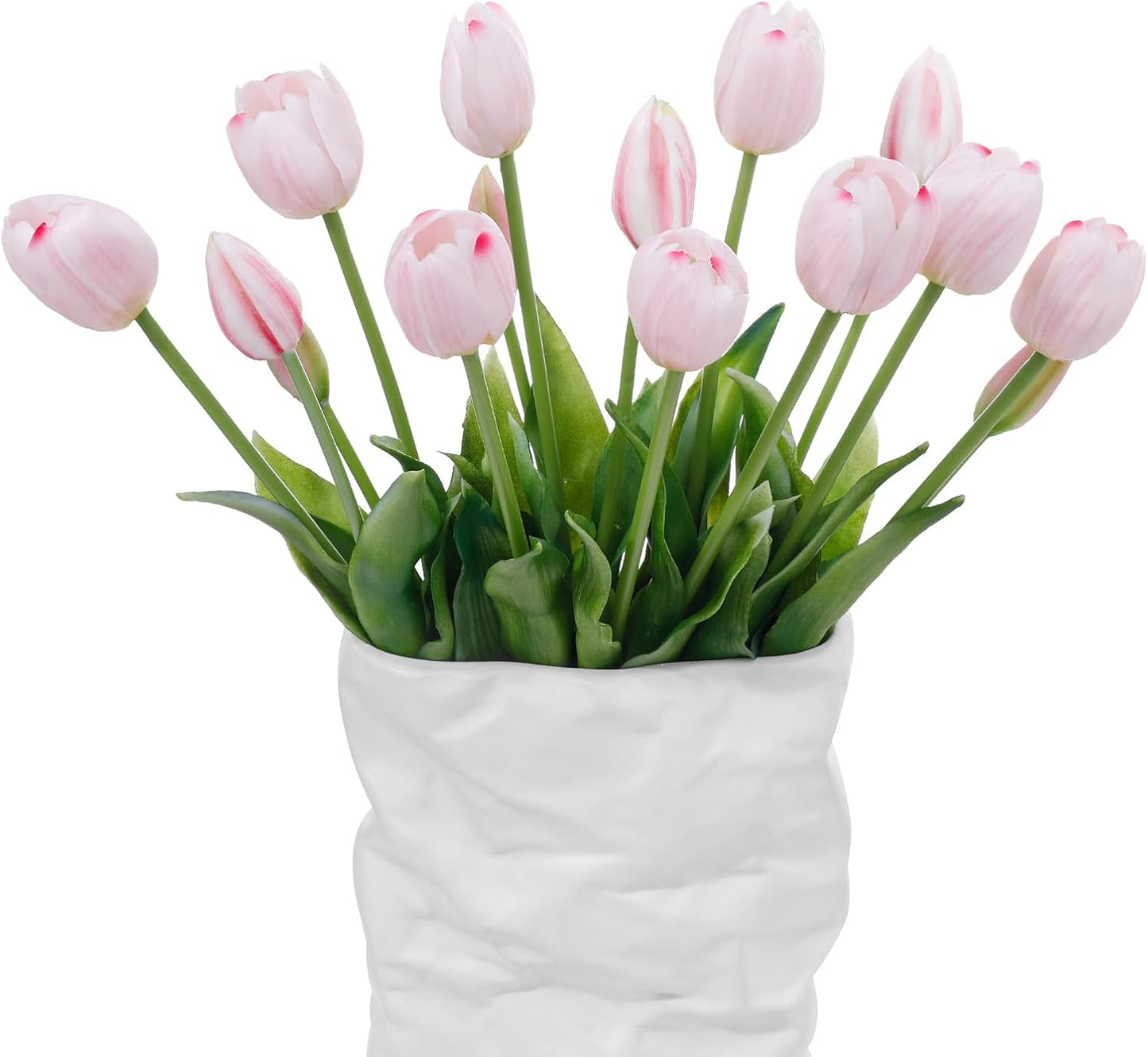 15 Pcs White Artificial Tulips Fake Flowers, Premium Latex Lifelike Texture, UV Resistant Waterproof Faux Tulip Bouquets with Snap-on Petals for Outdoor, Home, Wedding Decor