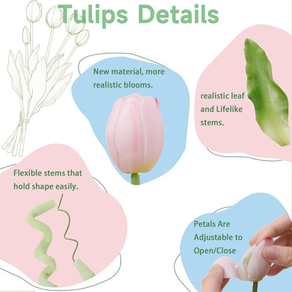 15 Pcs White Artificial Tulips Fake Flowers, Premium Latex Lifelike Texture, UV Resistant Waterproof Faux Tulip Bouquets with Snap-on Petals for Outdoor, Home, Wedding Decor