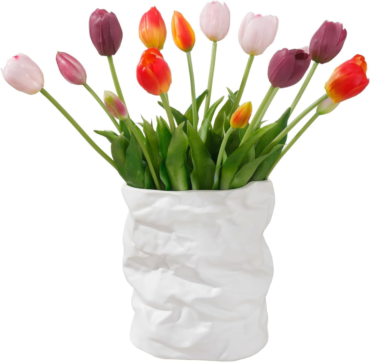 15 Pcs White Artificial Tulips Fake Flowers, Premium Latex Lifelike Texture, UV Resistant Waterproof Faux Tulip Bouquets with Snap-on Petals for Outdoor, Home, Wedding Decor