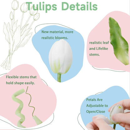 15 Pcs White Artificial Tulips Fake Flowers, Premium Latex Lifelike Texture, UV Resistant Waterproof Faux Tulip Bouquets with Snap-on Petals for Outdoor, Home, Wedding Decor