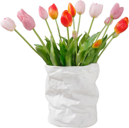 15 Pcs White Artificial Tulips Fake Flowers, Premium Latex Lifelike Texture, UV Resistant Waterproof Faux Tulip Bouquets with Snap-on Petals for Outdoor, Home, Wedding Decor