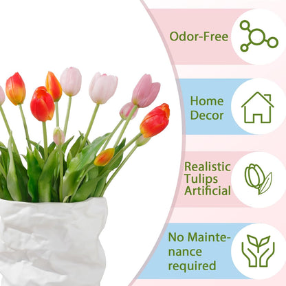 15 Pcs White Artificial Tulips Fake Flowers, Premium Latex Lifelike Texture, UV Resistant Waterproof Faux Tulip Bouquets with Snap-on Petals for Outdoor, Home, Wedding Decor