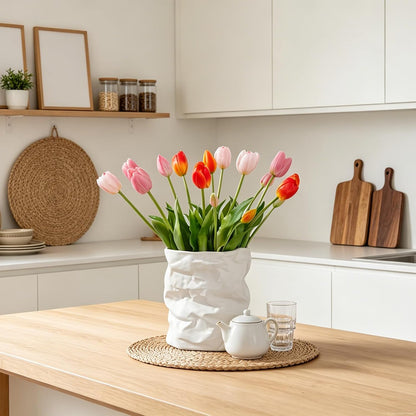 15 Pcs White Artificial Tulips Fake Flowers, Premium Latex Lifelike Texture, UV Resistant Waterproof Faux Tulip Bouquets with Snap-on Petals for Outdoor, Home, Wedding Decor